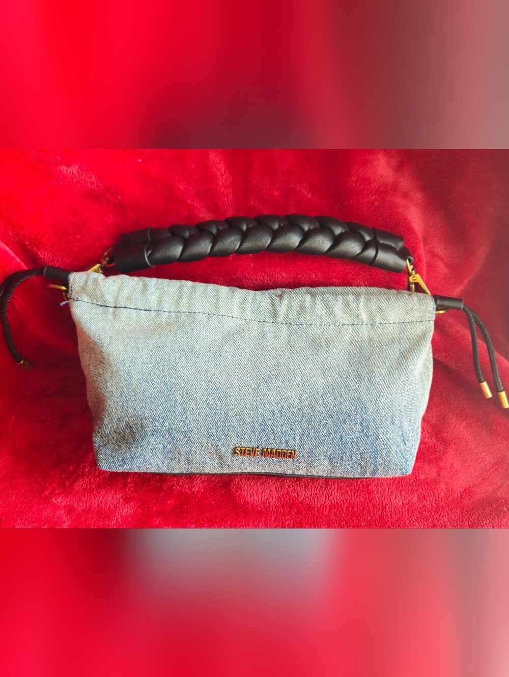 Steve Madden Light Blue Washed Ombre Denim Shoulder Bag w/Braided Black Handle